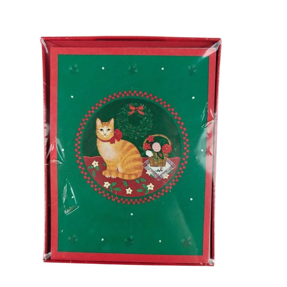 Vtg Hallmark Holiday Decorated Note Cards With Envelopes Cat & Wreath Christmas